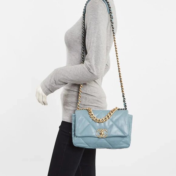 Chanel Light Blue Quilted Goatskin Leather Chanel 19 Small Flap Bag - Picture 3 of 10